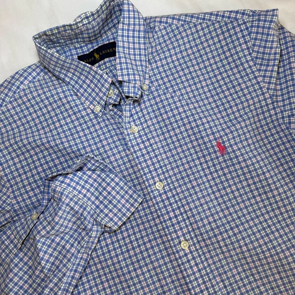 Polo Ralph Lauren Mens Medium Blue Plaid Cotton Oxford Button Down Shirt Preppy